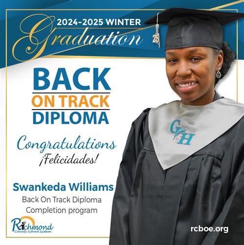 woman smiling in graduation cap and gown with text.